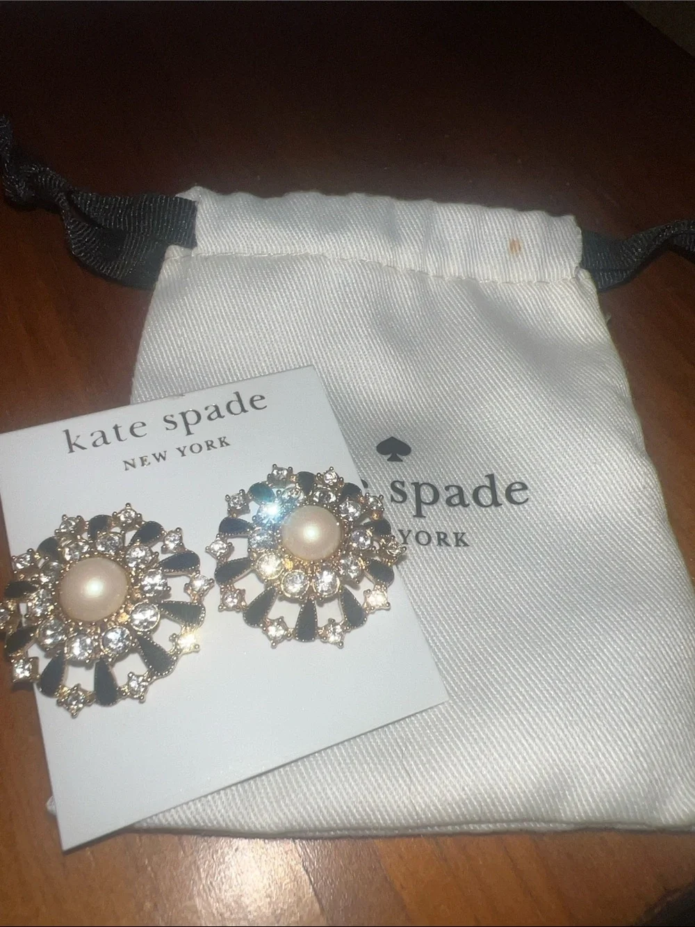 kate spade gold-tone pearl and black floral crystal stud earrings 14K Gold Fill